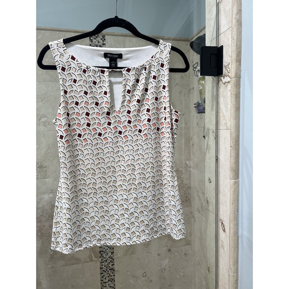 White House Black Market Women White Tank Top S Pink Blue Nude Geometric Jersey
